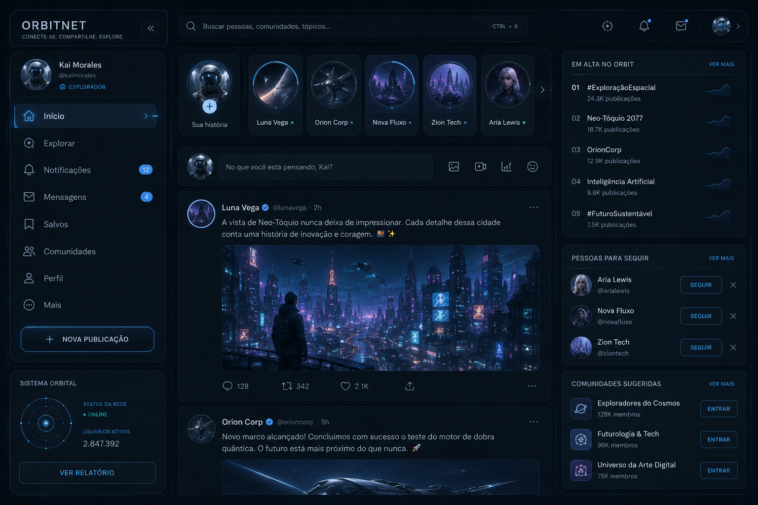 Uma ilustração sci-fi ui de uma rede social, com stories, postagens, mensagens, e notificações